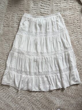 White Tiered Crochet-Trim Maxi Skirt
